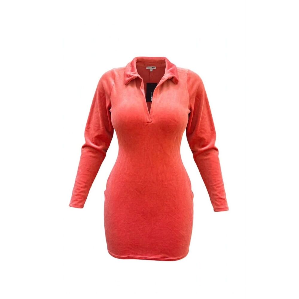 Fashion Nova Velvet Collared Long Sleeve Bodycon Dress Coral 1XL